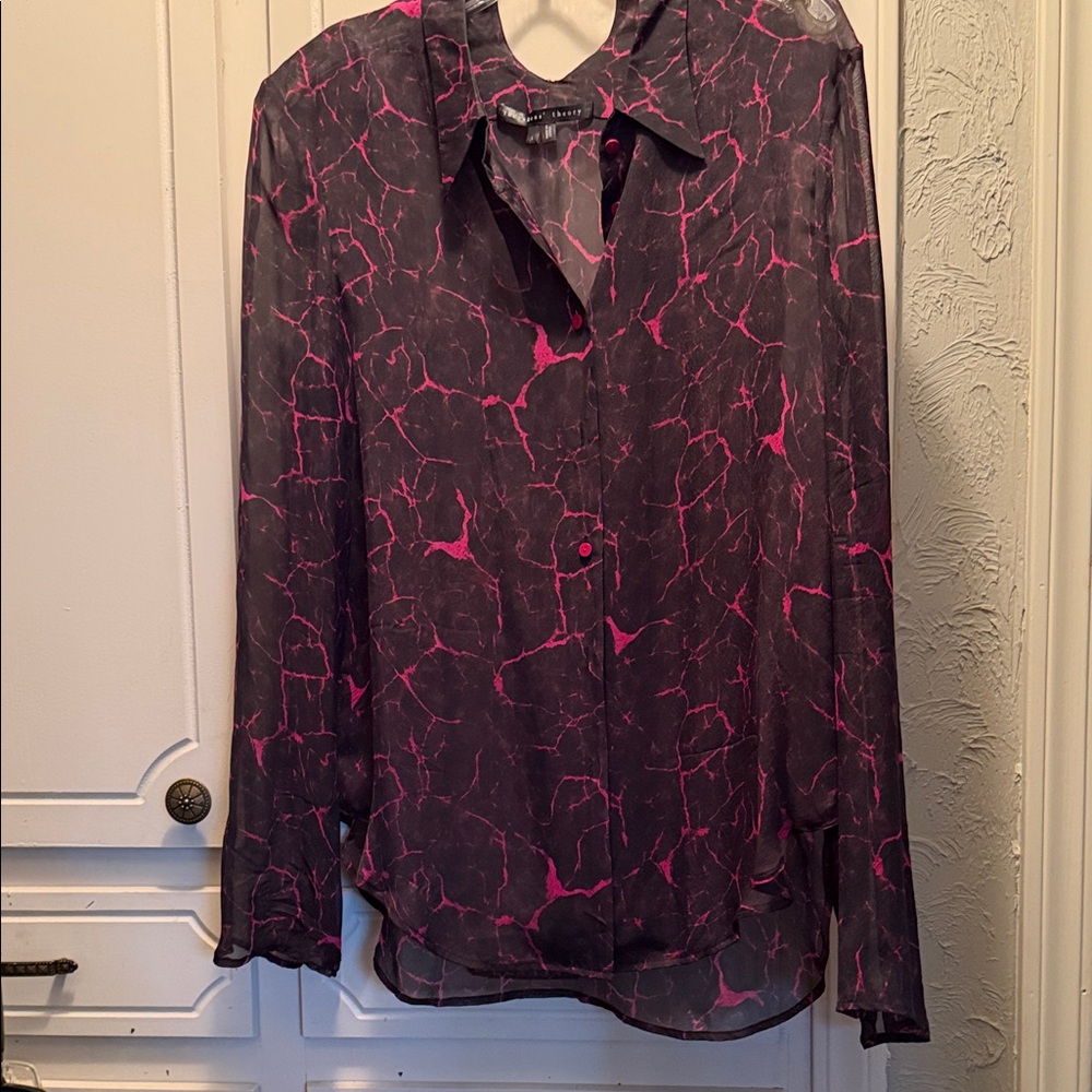Theyskens' Theory Shear Black and Hot Pink Patterned Blouse